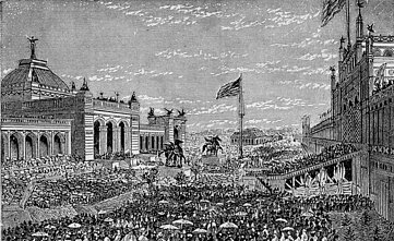 Atidarymo dienos ceremonijos Šimtmečio parodoje Filadelfijoje, Pensilvanijos valstijoje, 1876 m. gegužės 10 d. Atidarymo dienos ceremonijos Šimtmečio parodoje Filadelfijoje, Pensilvanijos valstijoje, 1876 m. gegužės 10 d.