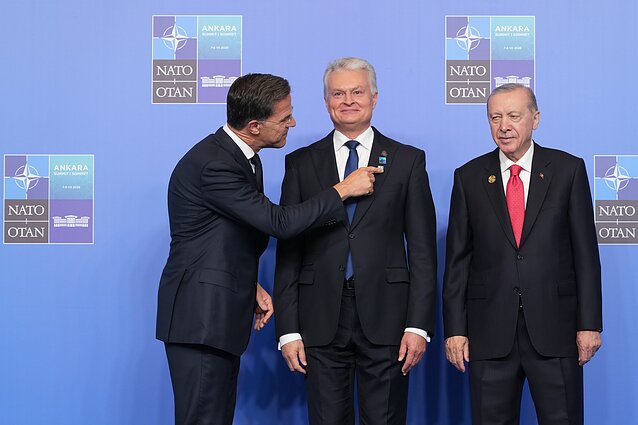 NATO Secretary General Mark Rutte, Lithuania's President Gitanas Nausėda, and Turkish President Recep Tayyip Erdoğan pose for a photo during the NATO summit in Ankara NATO Secretary General Mark Rutte, Lithuania's President Gitanas Nausėda, and Turkish President Recep Tayyip Erdoğan pose for a photo during the NATO summit in Ankara